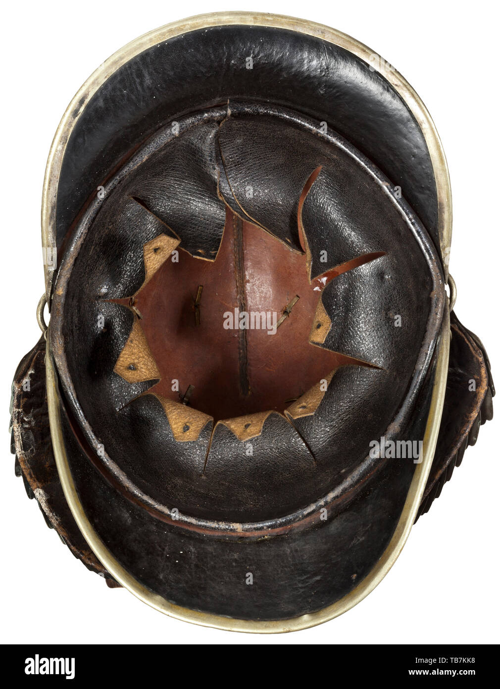 Body armour, helmets, Bavarian mounted militia helmet model 1845, leather and silver-plated brass, interior, leather lining, Editorial-Use-Only Stock Photo