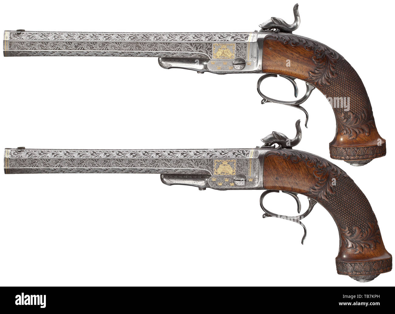 King Oscar II of Sweden (1829 - 1907) - a pair of percussion pistols, Husquarna, mid-19th century, Heavy, concavely rifled octagonal barrels, laterally swivelling for loading, in 16 mm calibre with smooth bores that are minimally rough at the muzzles. The barrels completely covered with lavish tendrils 19th century, Editorial-Use-Only Stock Photo