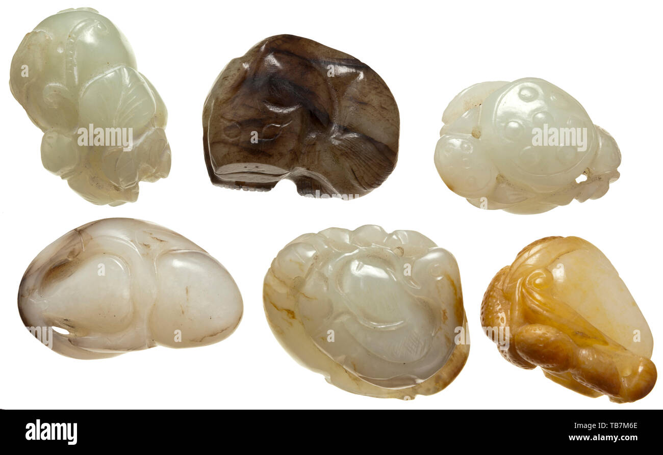 Six Chinese jade miniature sculptures, Ming/Qing dynasty, White, grey, yellowish and green-grey jade, cut in the shape of fruits and animals. China, Chinese, historic, historical, Additional-Rights-Clearance-Info-Not-Available Stock Photo
