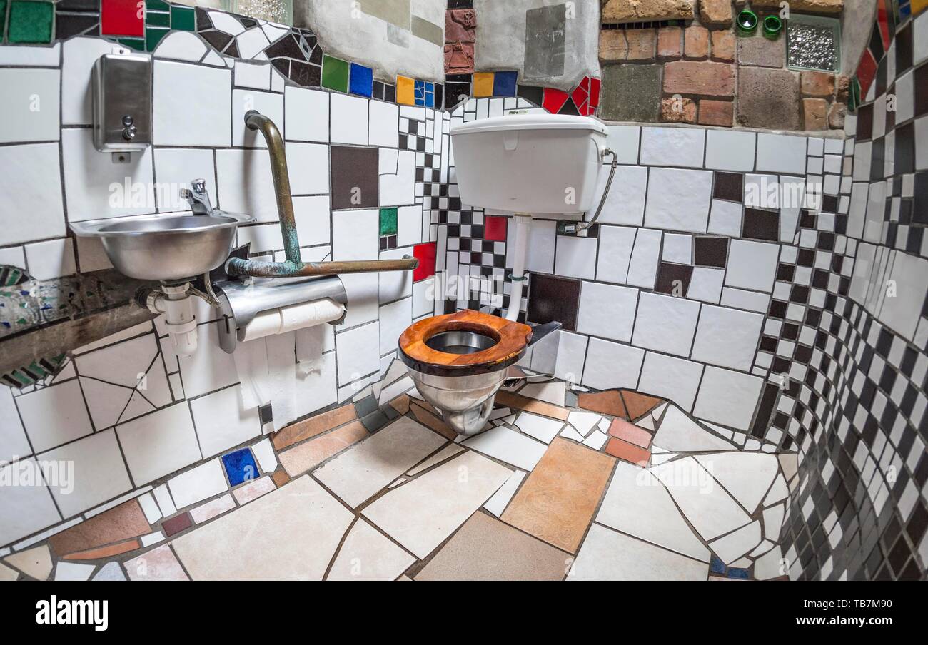 Ladies toilet with ceramic tiles in the public toilet of the artist and architect Friedensreich Hundertwasser, Kawakawa, North Island, New Zealand Stock Photo