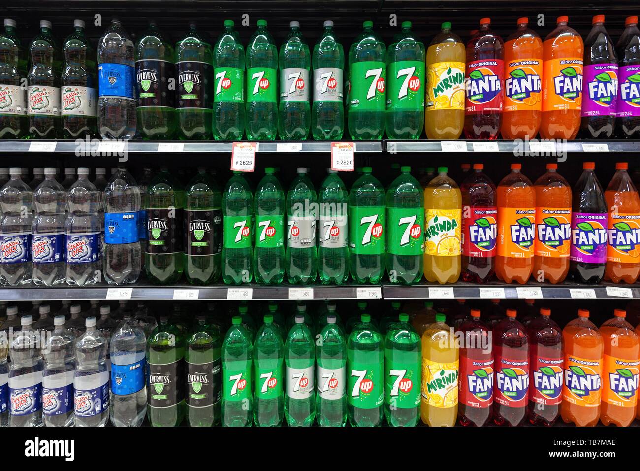 Pet bottles, soft drinks, beverage bottles in a supermarket shelf