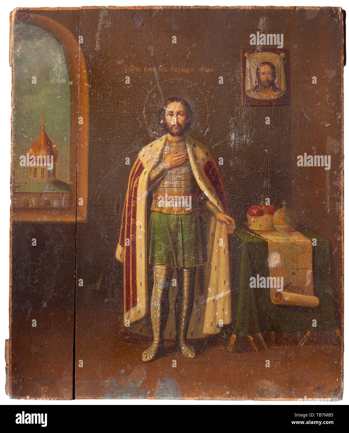 A Russian icon 'Alexander Nevsky', 19th century, Egg tempera on wood. Depiction of Alexander, the Grand Duke of Vladimir, who defeated the Swedes and the Teutonic Knights in 1240 at the Neva River. In the background hangs the Mandylion. the image of Christ's face left on the cloth Veronica used to wipe his face on the way to the Calvary. USA-lot. historic, historical 19th century, Additional-Rights-Clearance-Info-Not-Available Stock Photo
