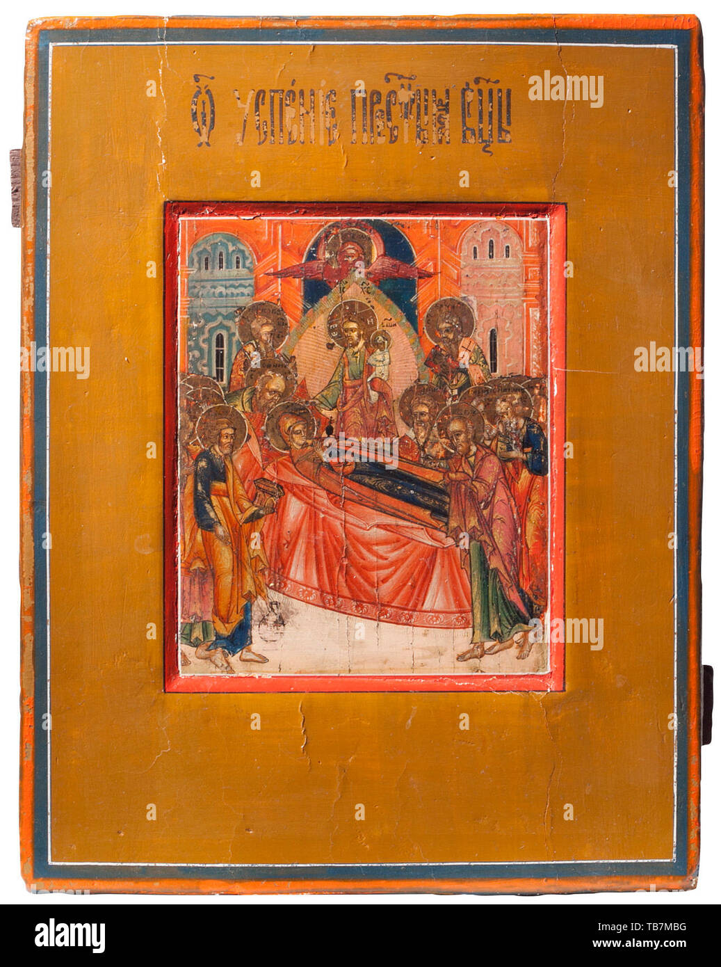 A Russian icon 'The Dormition of Mary', 19th century, Egg tempera on wood with a kovcheg depicting the death of Mary. She is surrounded by the Apostles, and Jesus is in the background receiving her soul as a child. USA-lot. historic, historical 19th century, Additional-Rights-Clearance-Info-Not-Available Stock Photo