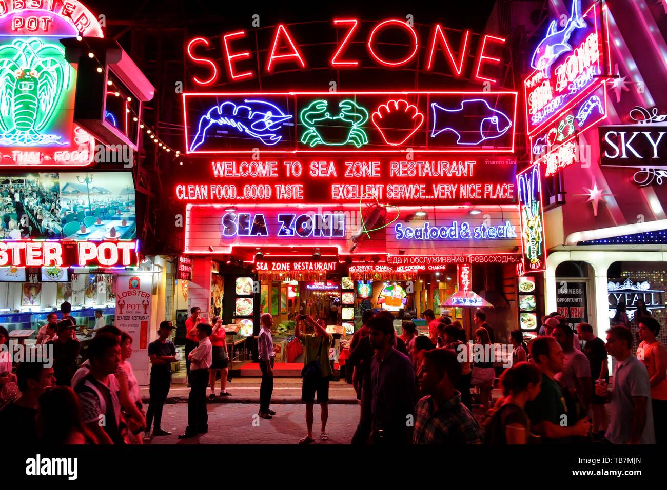 Walking Street, Bars, Pedestrian Zone, Illuminated Advertising, Sea Zone, Nightclubs, Nightlife, Pattaya, Chonburi, Thailand Stock Photo