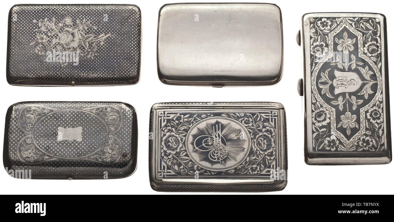 Five Ottoman Engraved And Nielloed Tobacco Or Cigarette Cases Circa 1900 Including Four Cases From Van Both Sides Richly Decorated With Floral And Geometrical Niello Ornaments Two Items With Tughra On The