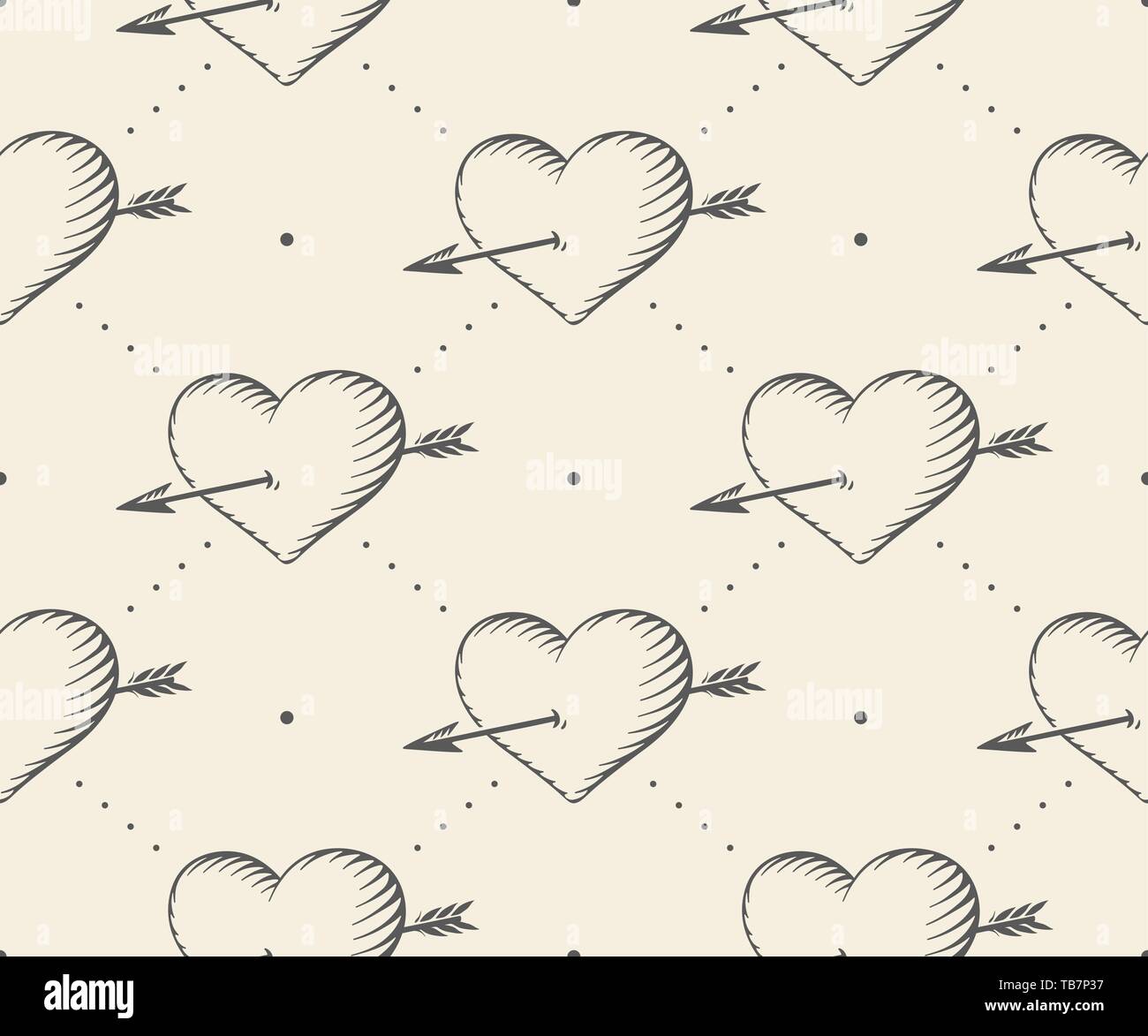 Seamless pattern with heart and arrow in vintage style engraving on a ...