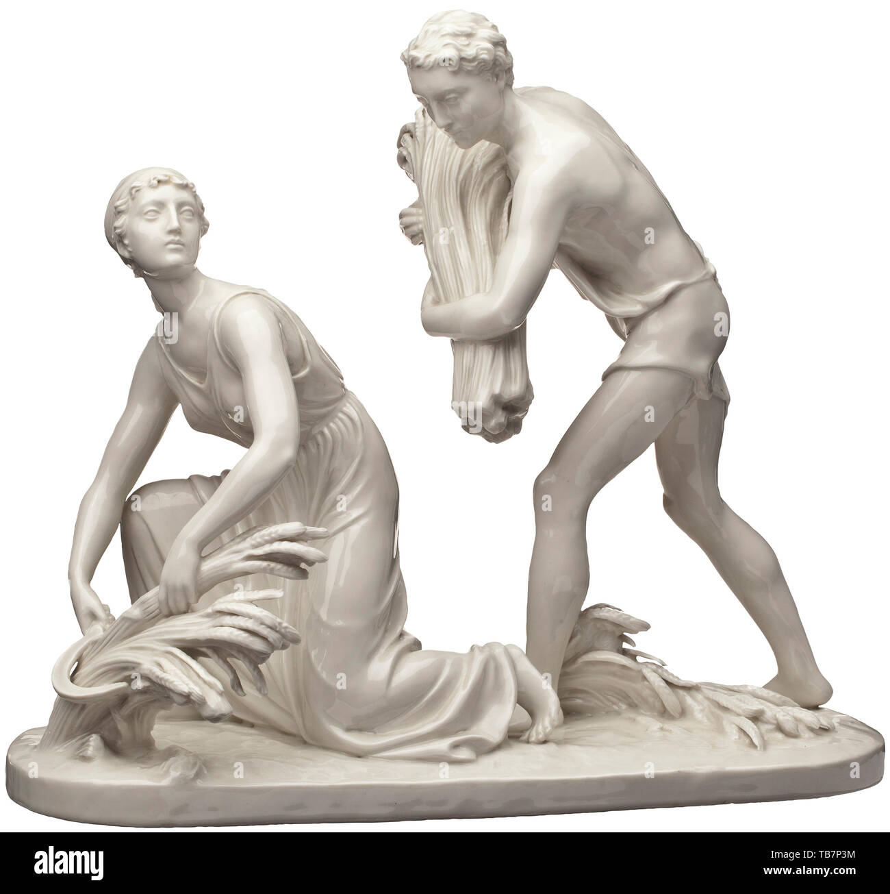 Roland von Bohr (1899 - 1962) - the centrepiece 'Summer' for the Reich Foreign Ministry, Group of figures made of white, glazed porcelain by the Nymphenburg manufactory. Ancient style depiction of a youth and a girl at the grain harvest. The model number '851 -1' and a diamond-shaped shield stamped on the base, also a green underglaze manufactory mark. One foot with a crack, lightly knocked, especially the tip of the grain bundle, otherwise an excellently preserved figural group. Extremely rare. Height circa 32 cm, length 38 cm. The four centrepieces 'Spring', 'Summer', 'Au, Editorial-Use-Only Stock Photo