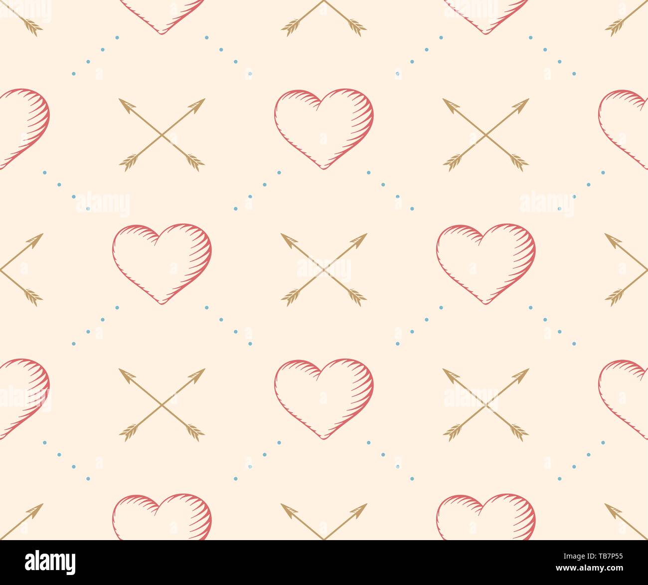 Seamless pattern with heart and arrow in vintage style engraving on a ...