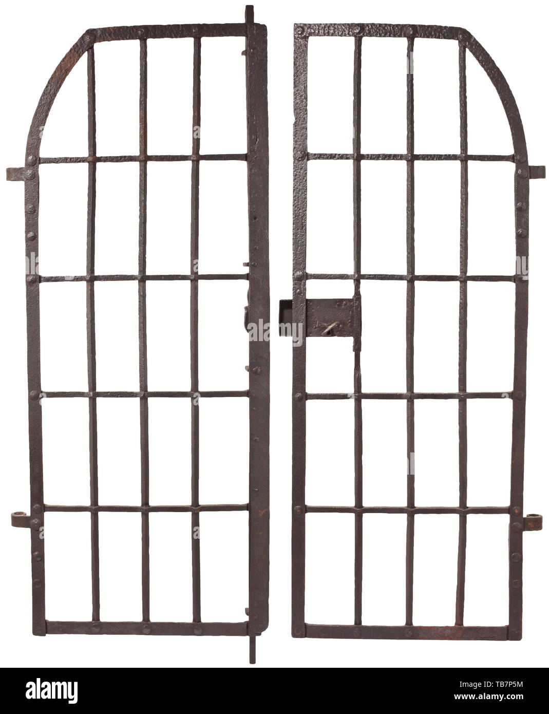 A German two-winged lattice gate, 18th century, Wrought iron. Heavy lattice, both wings slightly rounded at the top, with sturdy exterior hinges. On one side rectangular box lock with key, the opposite side with two upward and downward locking bolts. Slightly corroded, cleaned. Width without hinges 134 cm, height circa 180 cm. historic, historical, Additional-Rights-Clearance-Info-Not-Available Stock Photo