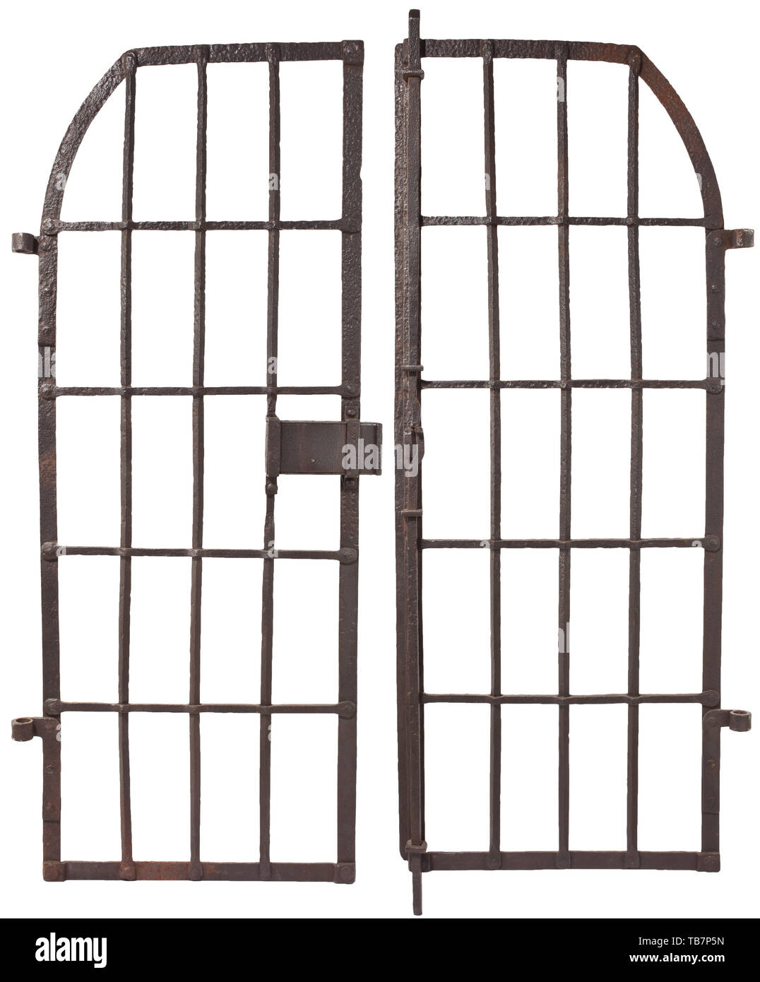 A German two-winged lattice gate, 18th century, Wrought iron. Heavy lattice, both wings slightly rounded at the top, with sturdy exterior hinges. On one side rectangular box lock with key, the opposite side with two upward and downward locking bolts. Slightly corroded, cleaned. Width without hinges 134 cm, height circa 180 cm. historic, historical, Additional-Rights-Clearance-Info-Not-Available Stock Photo