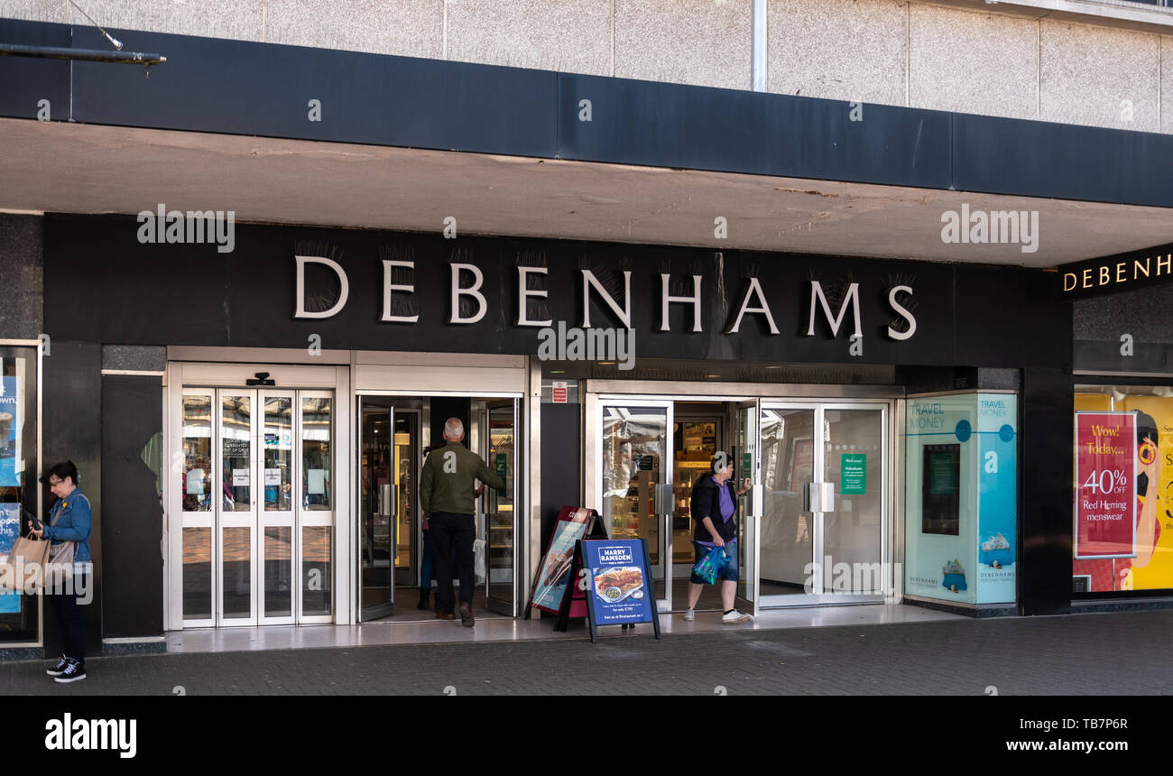 Swindon, United Kingdom - May 04 2019:   The Frontage of Debenhams Clothes Store on the Parade Stock Photo