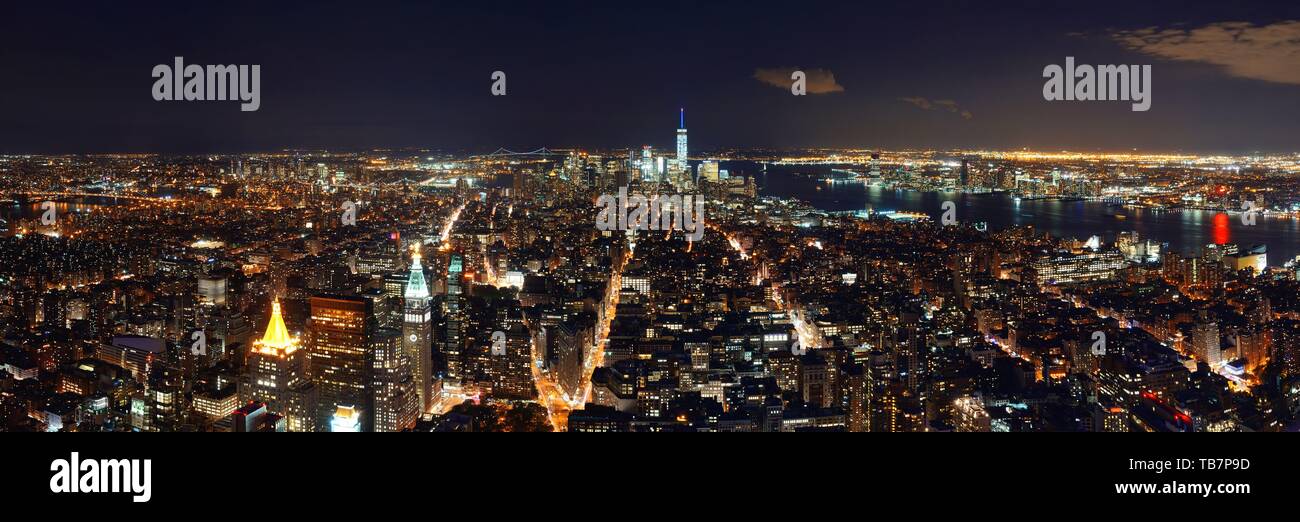 New York City downtown skyline panorama night view Stock Photo - Alamy