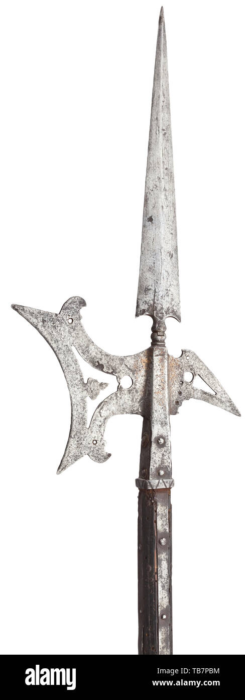 A German halberd, circa 1620, Triangular ridged spike on baluster socket with old repair, openwork concave axe blade, short rear fluke. Octagonal, original staff with slight worming, two long side straps and with decorated nails. Length 223 cm. pole weapon, weapons, arms, weapon, arm, fighting device, military, militaria, object, objects, stills, clipping, clippings, cut out, cut-out, cut-outs, metal, historic, historical 17th century, Additional-Rights-Clearance-Info-Not-Available Stock Photo