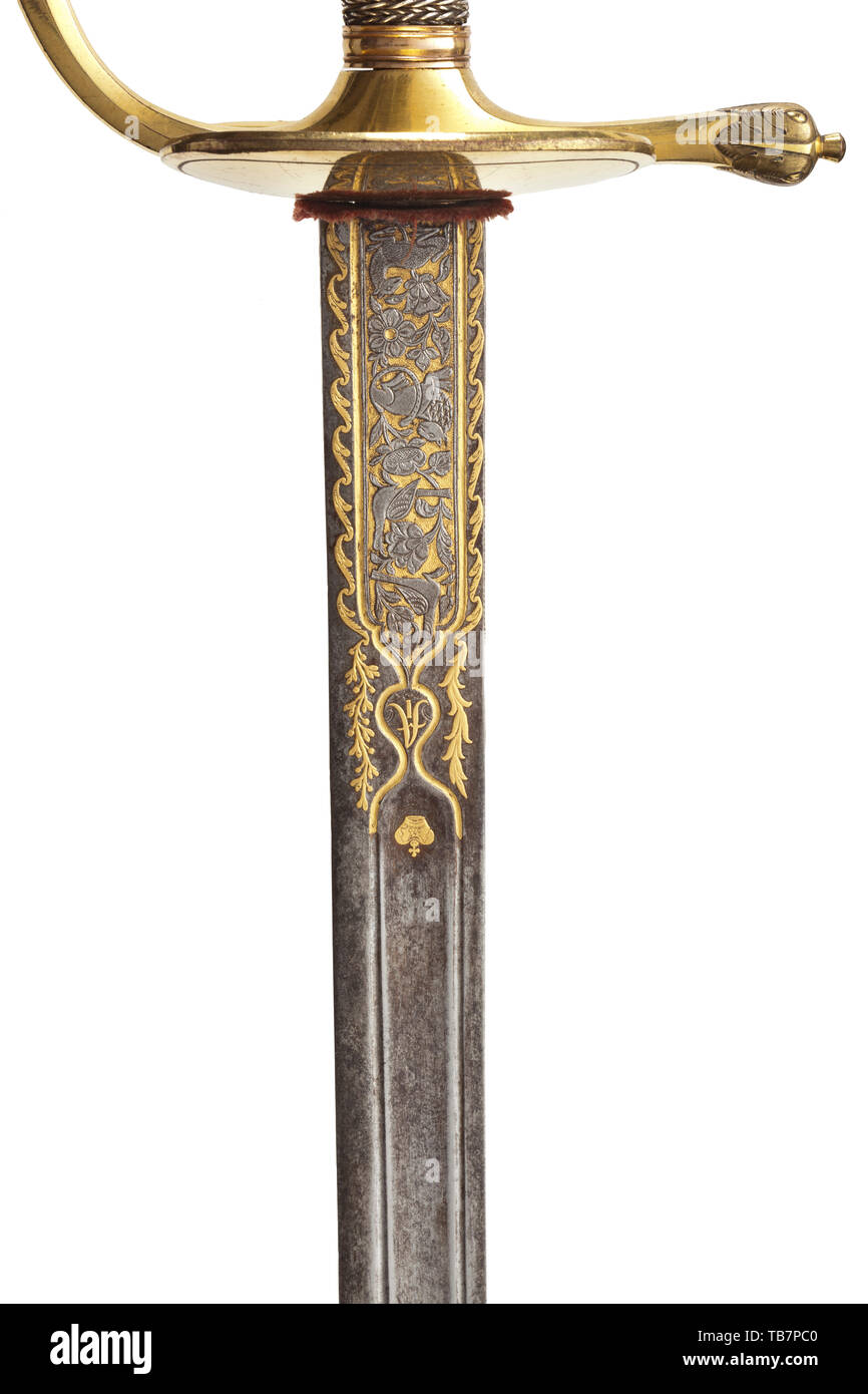 A significant ceremonial Russian sword M 1798 with gold inlays, for officers of the Russian infantry, Master Hatchatur, between 1801 - 1824, The single-edged blade with double fullers and gold-inlaid, chiselled cartouches on both sides, these finely decorated with flowers and animal motifs, en suite floral decoration on the back of the blade. The obverse struck with the tsar's cypher 'A I' (Alexander I), inlaid in gold surmounted by the tsarist crown, the maker's mark on the reverse. The tang stamped with the Georgian maker's mark of three letter, Additional-Rights-Clearance-Info-Not-Available Stock Photo