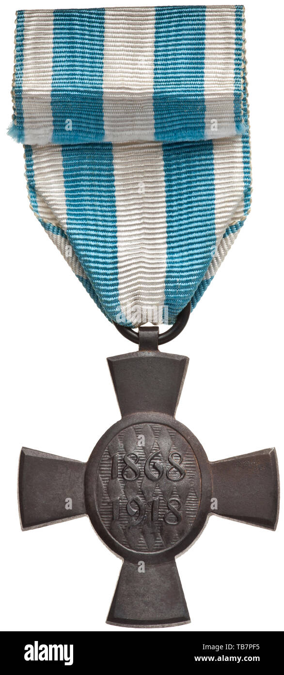 A Jubilee Cross for officers and NCOs of the Royal and Imperial (Hungarian) Infantry Regiment No. 62 'Ludwig III King of Bavaria', Struck cross made of black-stained iron, the reverse with jubilee numerals '1868 - 1918'. Width 40 mm. Weight 19.3 g. One of the rarest Bavarian awards, hitherto unresearched. medal, decoration, medals, decorations, badge of honour, badge of honor, badges of honour, badges of honor, historic, historical 19th century, Additional-Rights-Clearance-Info-Not-Available Stock Photo
