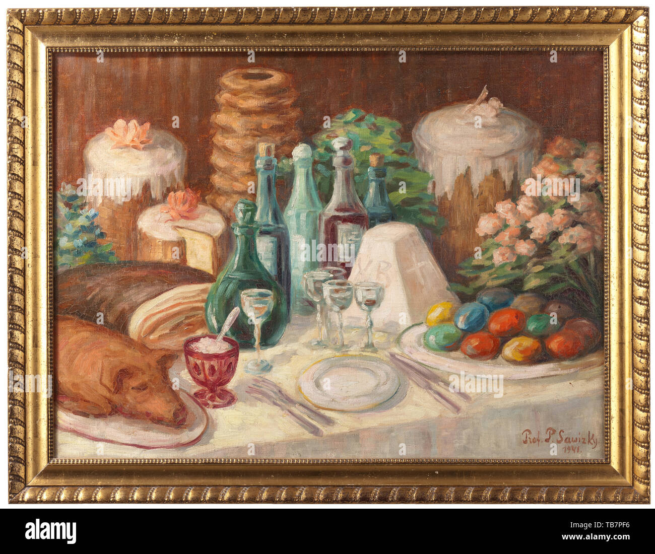 Protoiereus Pavel Olimpievitsh Savitsky (1881 - 1956) - an Easter still life, Oil on canvas, signed at the bottom right and dated 'Prot. P. Sawizky 1941'. The table sumptuously set with Easter cakes, Easter eggs, flowers, drinks and a suckling pig. In a gilt wooden frame. Dimension of painting 60 x 80 cm. Dimension of frame 71 x 91 cm. Protoiereus Pavel Olimpievitsh Savitsky was a Russian painter and sculptor, as well as a famous orthodox church leader during the emigration. He studied under I.P. Trutnev at the Vilensky Art Academy and at the chu, Additional-Rights-Clearance-Info-Not-Available Stock Photo