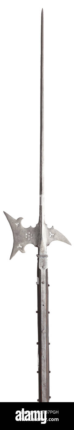 A German halberd, circa 1580, Long, quadrangular spike, concave axe blade and rear fluke with dot-shaped openwork and trefoil piercing. Conical socket with reinforcement ring and four side straps. Octagonal, slightly cracked, older shaft. Cleaned metal surfaces. Length 248 cm. pole weapon, weapons, arms, weapon, arm, fighting device, military, militaria, object, objects, stills, clipping, clippings, cut out, cut-out, cut-outs, metal, historic, historical 16th century, Additional-Rights-Clearance-Info-Not-Available Stock Photo