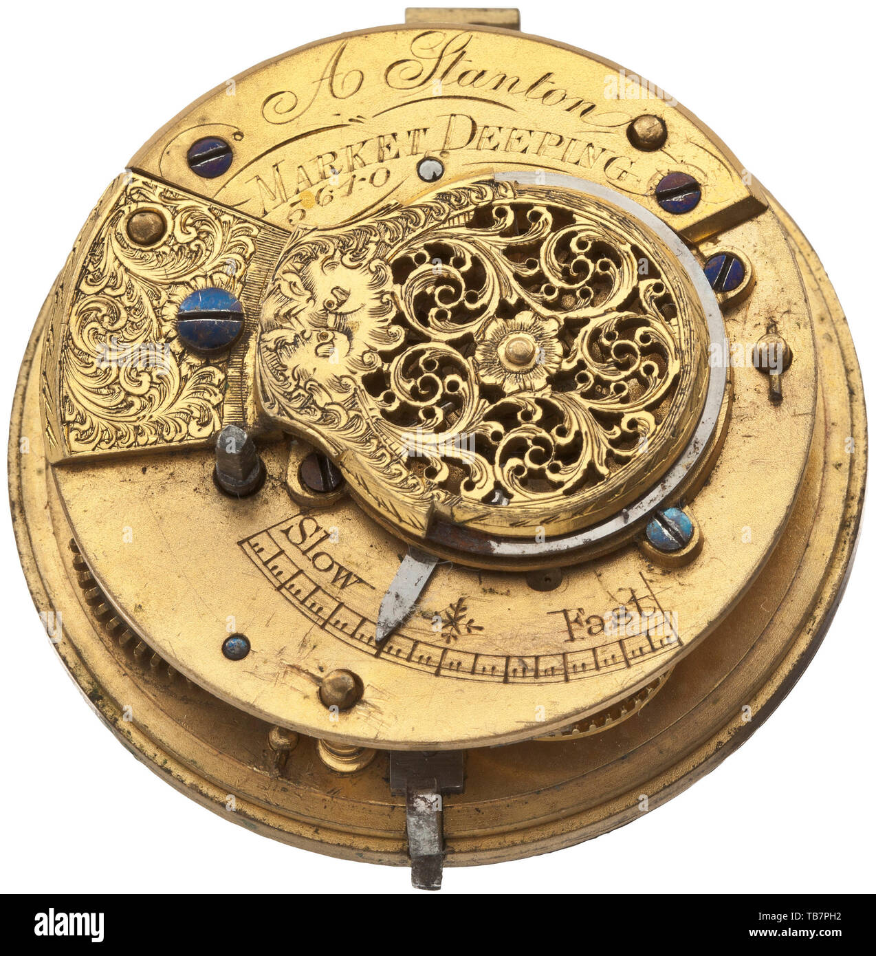 A golden verge pocket watch with outer case, A. Stanton, London, circa 1800, Gold case with multiple stamps. Signed plate movement with round movement pillars. Chain/snail with finely pierced balance bridge. Enamel face with Roman numerals. Clock in functioning order. Diameter 5.7 cm, weight of the outer case 53.5 g, overall weight 173 g. historic, historical 19th century, Additional-Rights-Clearance-Info-Not-Available Stock Photo