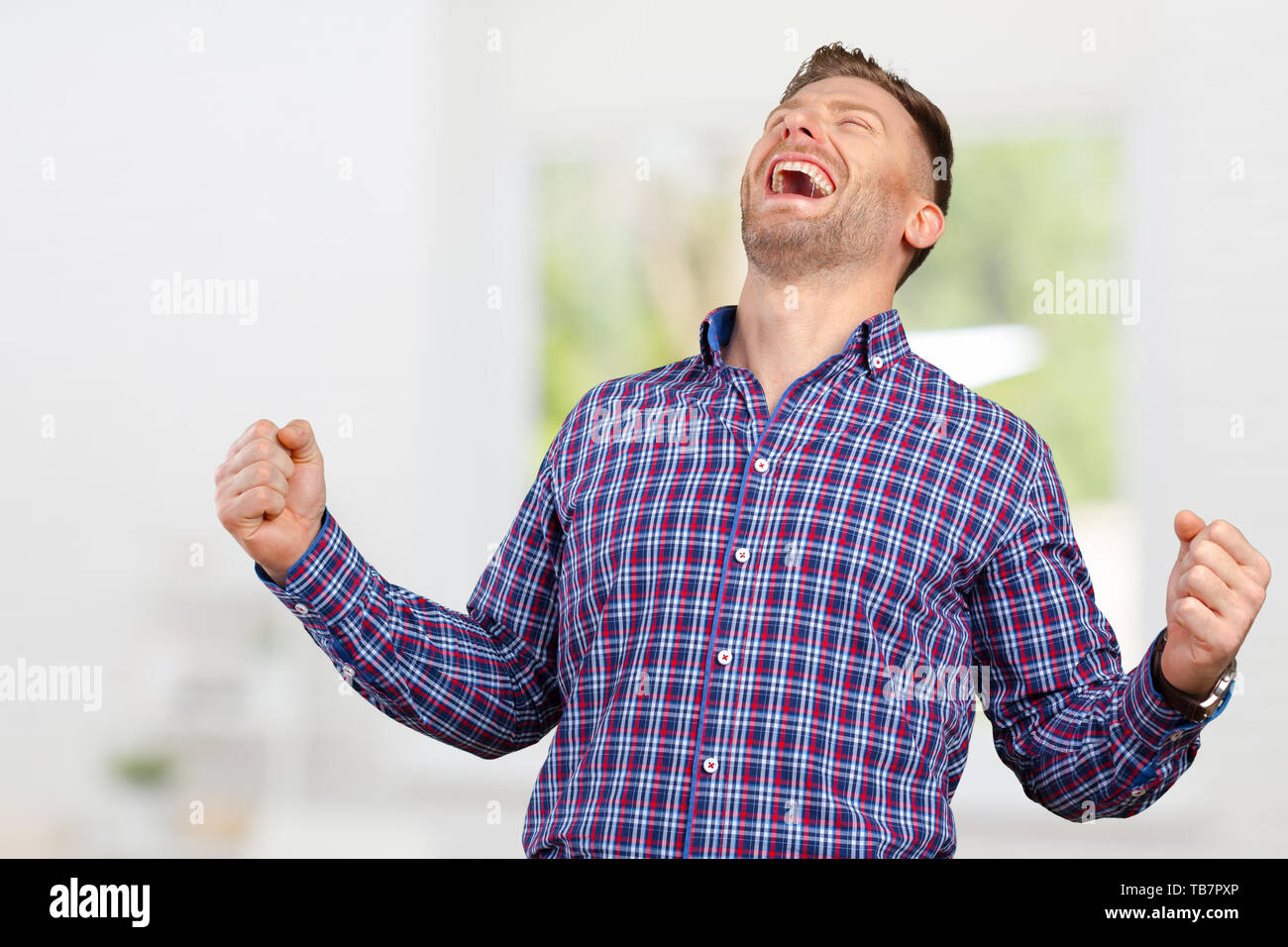 Successful businessman with arms up celebrating his victory Stock Photo ...