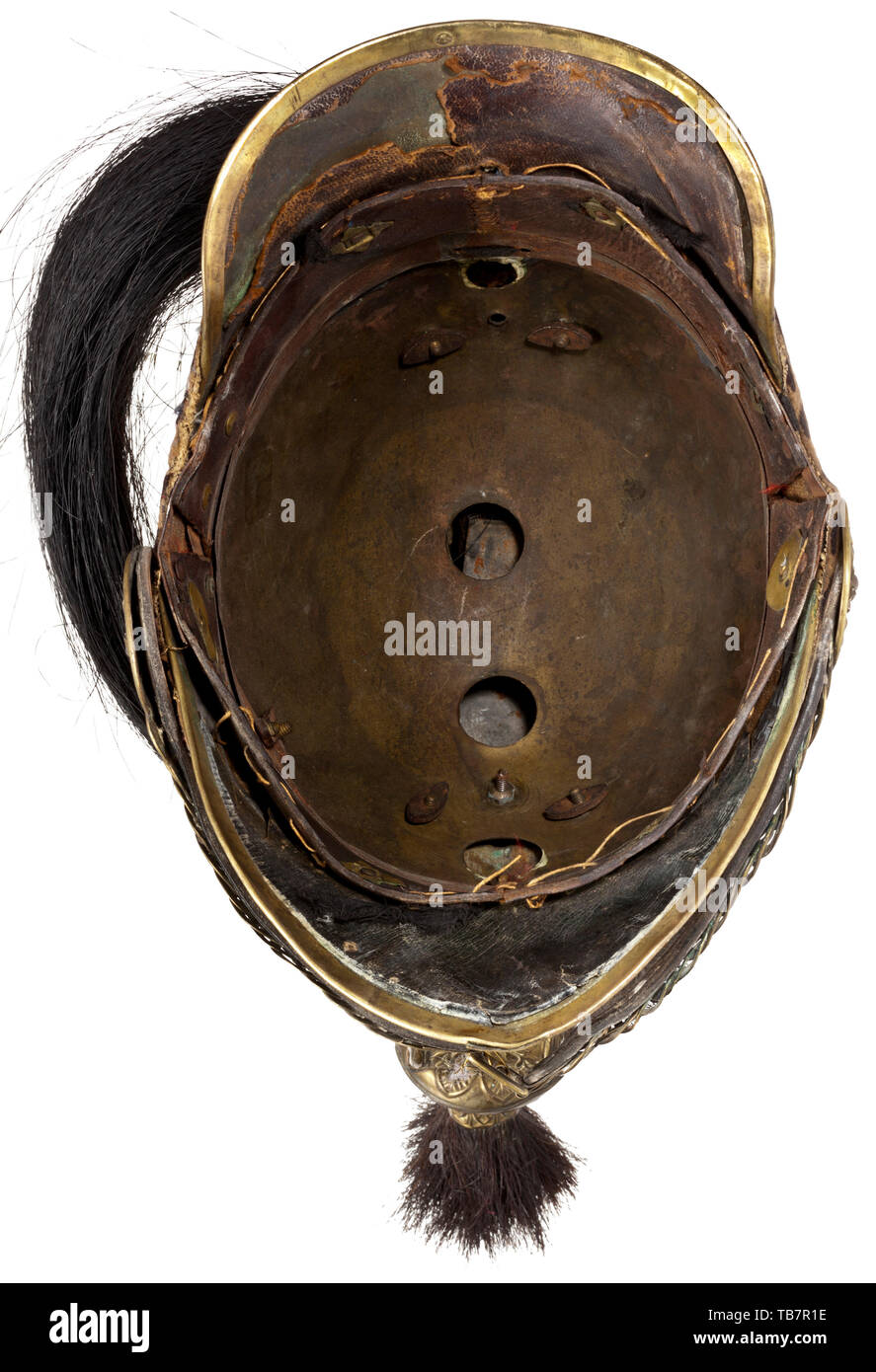 Body armour, helmets, French dragoon helmet model 1858, brass, marked