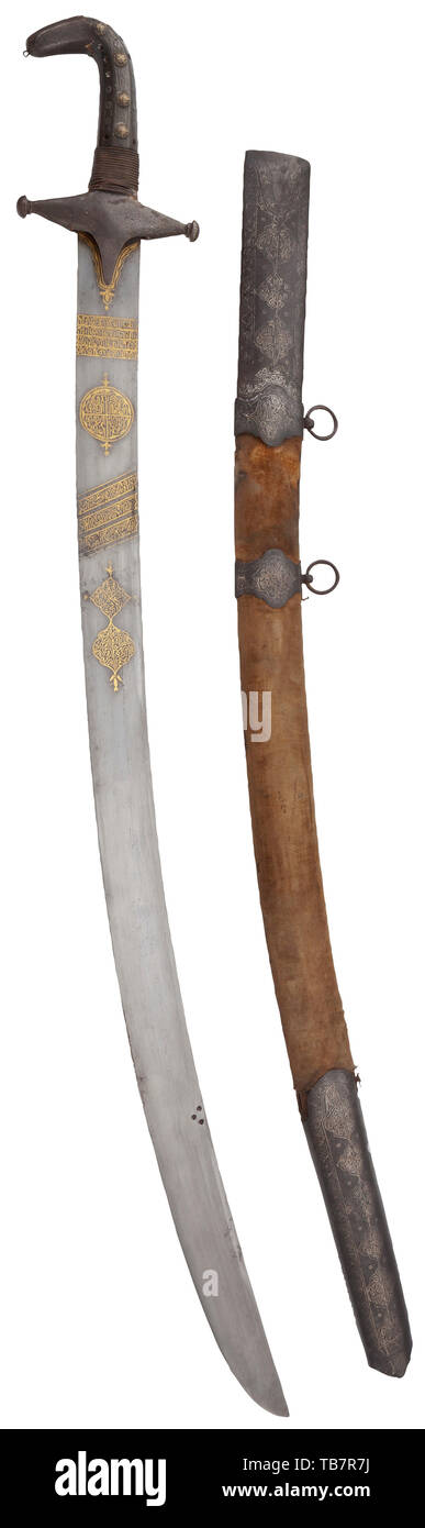 A Syrian gold-inlaid kilij, 19th century, Sturdy, single-edged blade with a double-edged point. Gold-inlaid calligraphic cartouches on both sides of the base. The iron quillons with a horn grip, set with rivets, and an iron pommel cap. The velvet covered wooden scabbard with silver-inlaid iron fittings. Length 105 cm. USA lot. Ottoman, Orient, Oriental, Asia, Asian, historic, historical 19th century, Additional-Rights-Clearance-Info-Not-Available Stock Photo