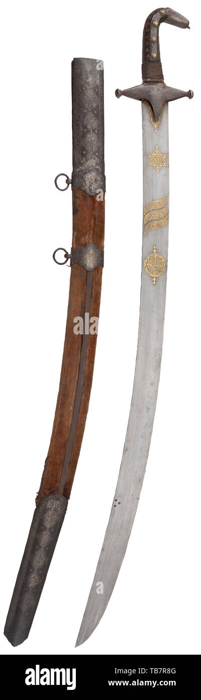 A Syrian gold-inlaid kilij, 19th century, Sturdy, single-edged blade with a double-edged point. Gold-inlaid calligraphic cartouches on both sides of the base. The iron quillons with a horn grip, set with rivets, and an iron pommel cap. The velvet covered wooden scabbard with silver-inlaid iron fittings. Length 105 cm. USA lot. Ottoman, Orient, Oriental, Asia, Asian, historic, historical 19th century, Additional-Rights-Clearance-Info-Not-Available Stock Photo