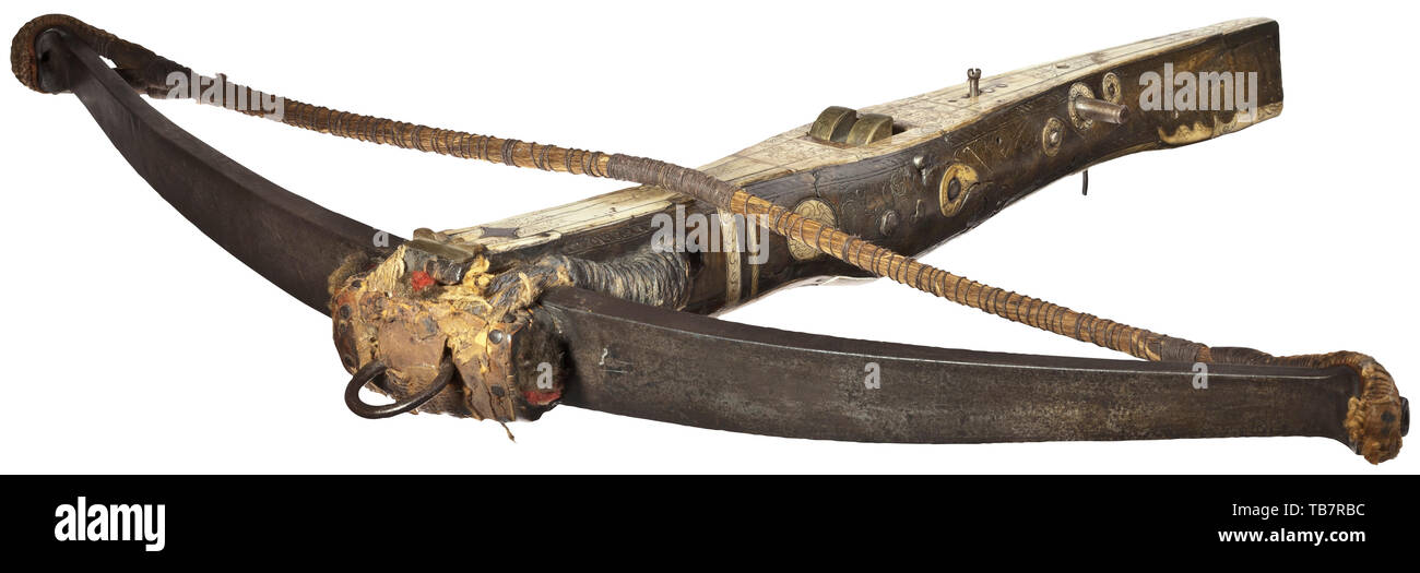 A South German Heavy Crossbow Full Size Circa 1580 Robust Iron Prod Width 93 Cm Double Breslau Marks On The Inside Older Cord Bridle With Interlaced Iron Suspension Ring Polychrome Tassels And