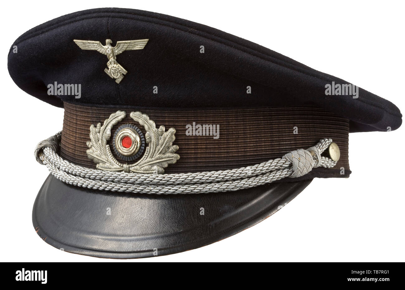 A visor cap for leaders, Dark-blue top, trim band of black silk rep, the metal insignia silver-plated, commander's cap cord (in the rank of officer). Lacquered plastic front visor, brown leather sweatband, violet-coloured silk lining with cap trapezoid and manufacturer's mark 'Erel Sonderklasse, ges. gesch.'. Size circa 57. Hardly worn, extremely rare head gear. 20th century, 1930s, 1940s, technical, technic, emergency aid, object, objects, stills, clipping, clippings, cut out, cut-out, cut-outs, utensil, piece of equipment, utensils, organisation, organization, organizatio, Editorial-Use-Only Stock Photo