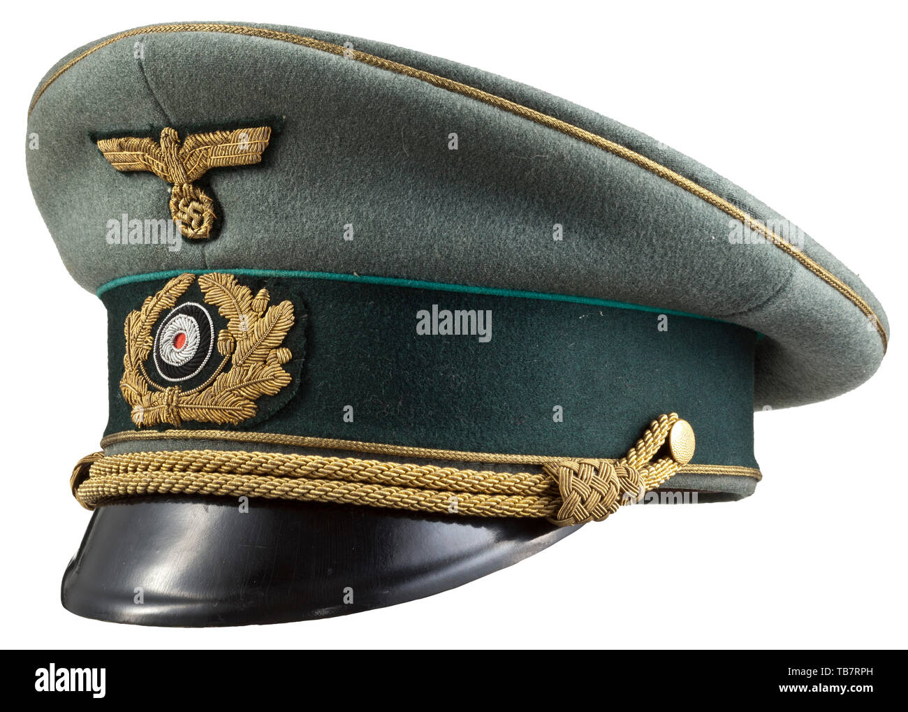 A visor cap by Erel, Berlin, for an army official in the rank of a general,  Made of fine, field-grey gabardine, dark green trim band, with gold  pipings, the top of the