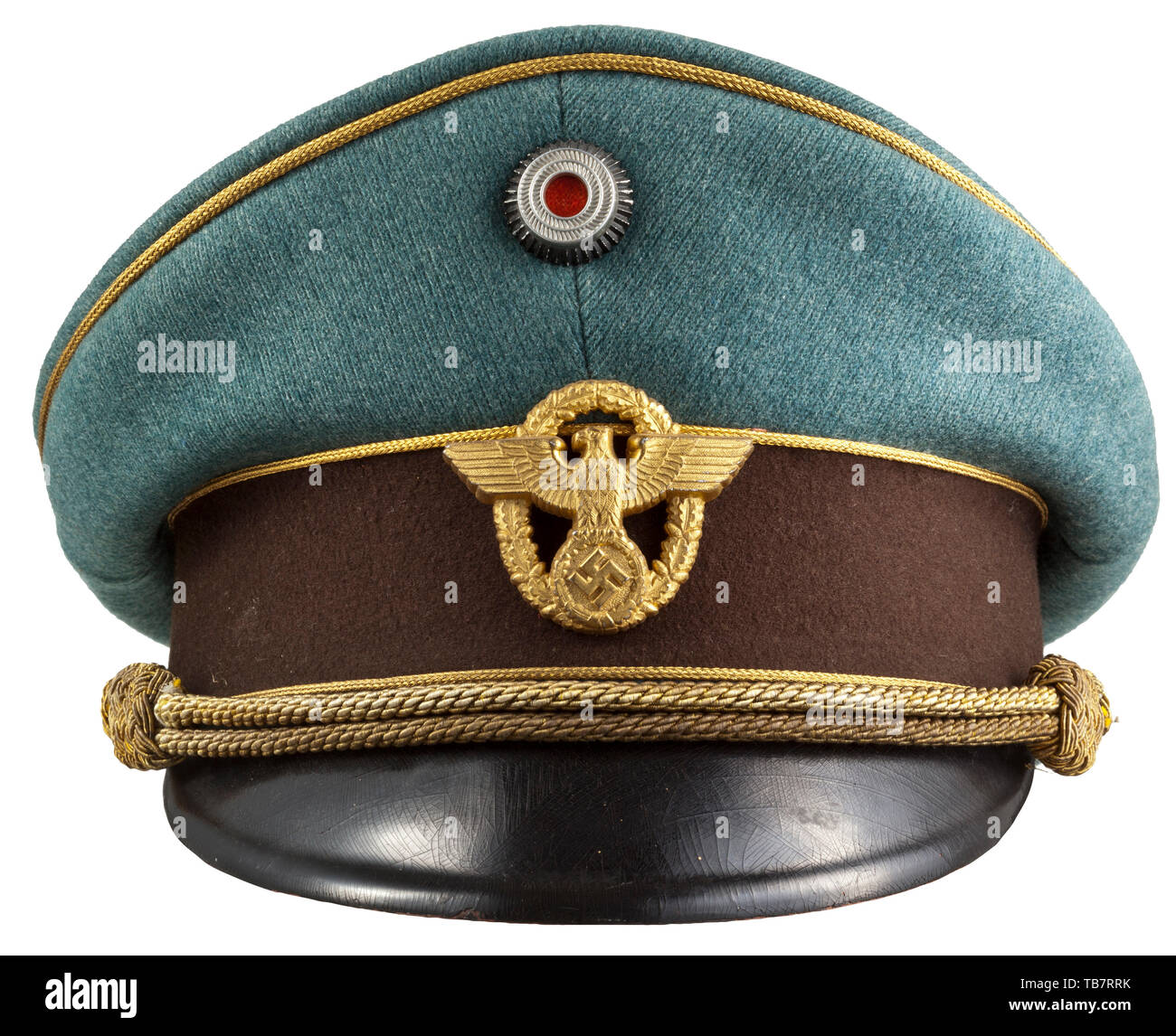 A visor cap for generals of the police, Made of fine police-green gabardine  cloth, dark brown trim band, gold piping. Golden-yellow silk lining (cap  trapezoid is missing), the light brown leather sweatband