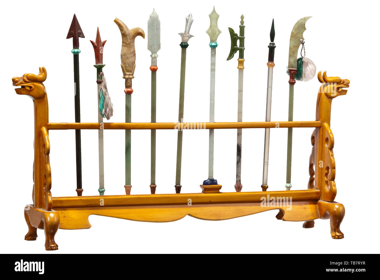 Chinese miniature weapons, 20th century, Three finely carved wood stands with miniatures of traditional Chinese weapons, all made of cut polychrome semi-precious stones and jade, among them various types of swords and pole arms as well as bow and arrows. China, Chinese, historic, historical, Additional-Rights-Clearance-Info-Not-Available Stock Photo