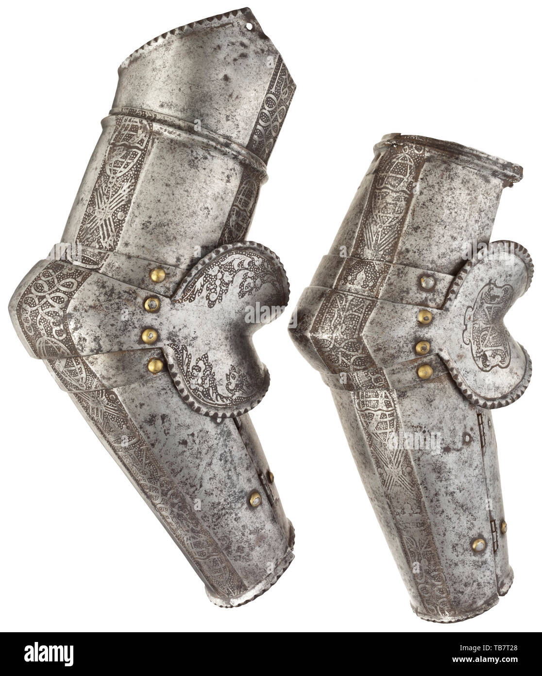Two rare Italian etched vambraces from armours of the state guard of the Infanta Maria of Guimaräres (1538 - 1577), niece of King Manuel I of Portugal, wife of Alessandro Farnese, later Third Duke of Parma and Piacenza and Governor of the Spanish Netherlands, circa 1565, Each for the right arm, the first comprising upper-canno 16th century, Additional-Rights-Clearance-Info-Not-Available Stock Photo