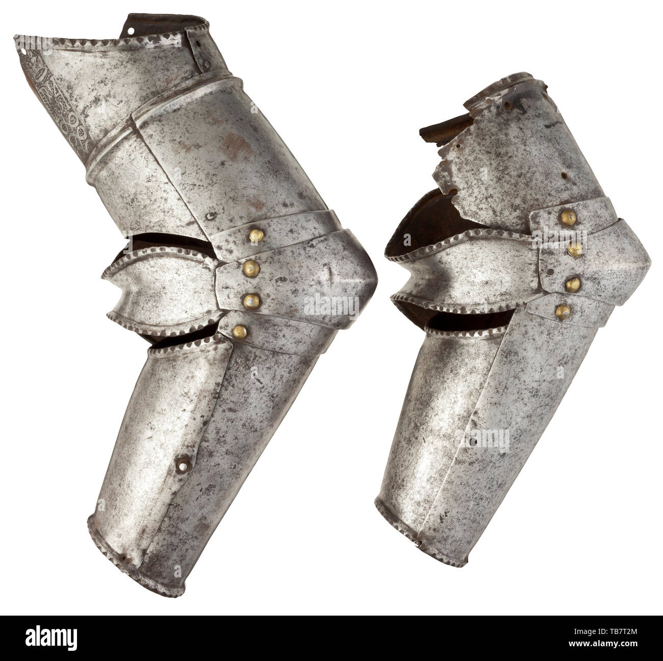 Two rare Italian etched vambraces from armours of the state guard of the Infanta Maria of GuimarÃ†res (1538 - 1577), niece of King Manuel I of Portugal, wife of Alessandro Farnese, later Third Duke of Parma and Piacenza and Governor of the Spanish Netherlands, circa 1565, Each for the right arm, the first comprising upper-canno 16th century, Additional-Rights-Clearance-Info-Not-Available Stock Photo