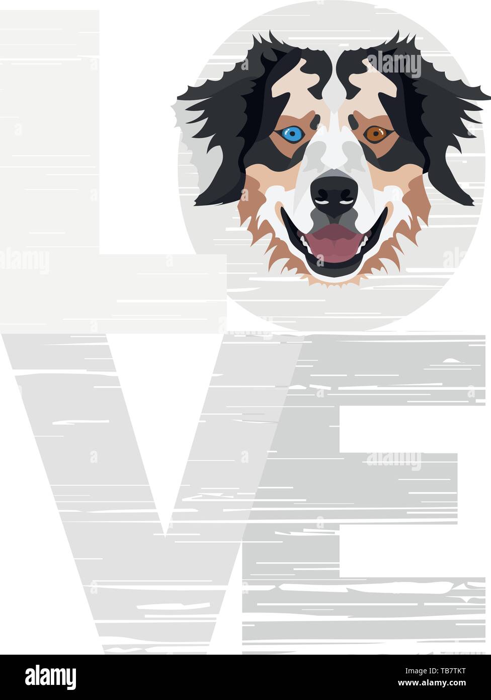 Love Australian Shepherd - A dog's head with the word love. The dog is man's best friend and is loved as a pet. Stock Vector