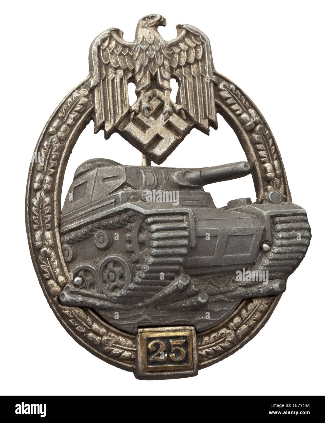 A Tank Battle Badge in Silver, 2nd Grade for 25 engagement days - Juncker production, Half-hollow silvered zinc example of the 2nd type with riveted aluminium tank appliqué on a thin non-magnetic attachment pin, the pin and clasp of magnetic flat wire, the little soldered number plate of gilt and lacquered iron. Rivet hole for the first type (tombak rivet) present, but unused. A beautiful early example of the 2nd type by the C.E. Juncker firm in Berlin. Width 47 mm. Weight 32.8 g. historic, historical 20th century, Editorial-Use-Only Stock Photo