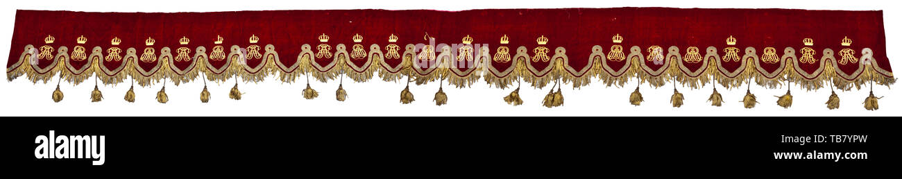 Kings Ernst August and Georg V of Hanover - a velvet tapestry with gold decoration from the throne room(?), 19th century, Heavy, double-layered red purple velvet with wide, elaborately twisted gold trim, draped with gold fringes, gold bullions and tassels, on the fabric crowned monarchs' cyphers applied in metal in several places. Partially damaged, traces of age. Dimensions 94 x 790 cm. Very decorative. The object was sold at the auction 'Works of Art from the Royal House of Hanover' in Marienburg Castle (5 - 15 October 2005) as lot 4527. German, Additional-Rights-Clearance-Info-Not-Available Stock Photo