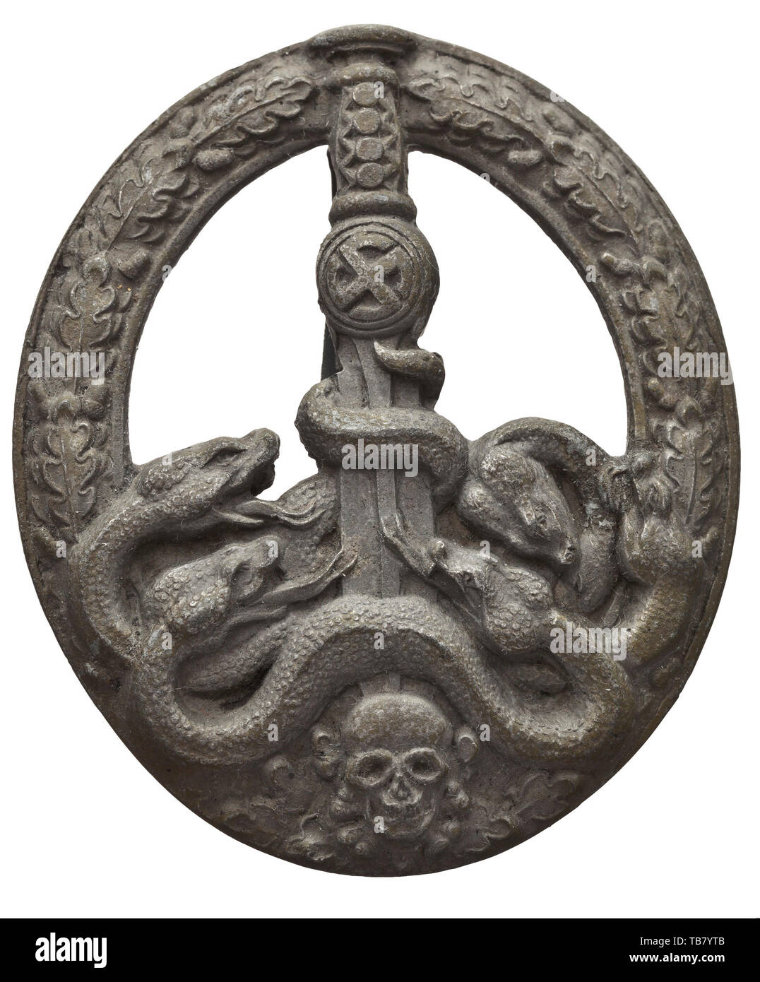 An Anti Partisan Badge - Juncker production in Bronze, Zinc semi-hollow issue by C.E. Juncker firm in Berlin, in the version without openwork between the serpents, on a magnetic (including the hook), wide pin system. This example in good condition, with traces of the bronzing. Width 49.5 mm. Weight 34.7 g. historic, historical 20th century, Editorial-Use-Only Stock Photo