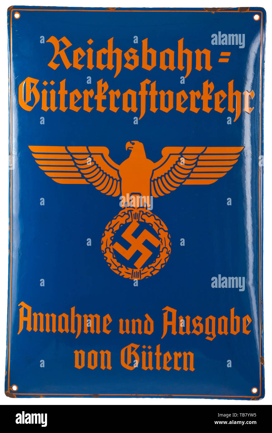 An enamel shield from the Reichsbahn freight service, Concave iron shield enamelled in two colours. On the front the national eagle and the inscriptions 'Reichsbahn-Güterkraftverkehr' and 'Annahme und Ausgabe von Gütern' in Gothic script. Four fastening holes, the enamel with spalling and traces of rust. Dimensions circa 59 x 39 x 3 cm. Rare object in beautiful condition. historic, historical 20th century, Editorial-Use-Only Stock Photo