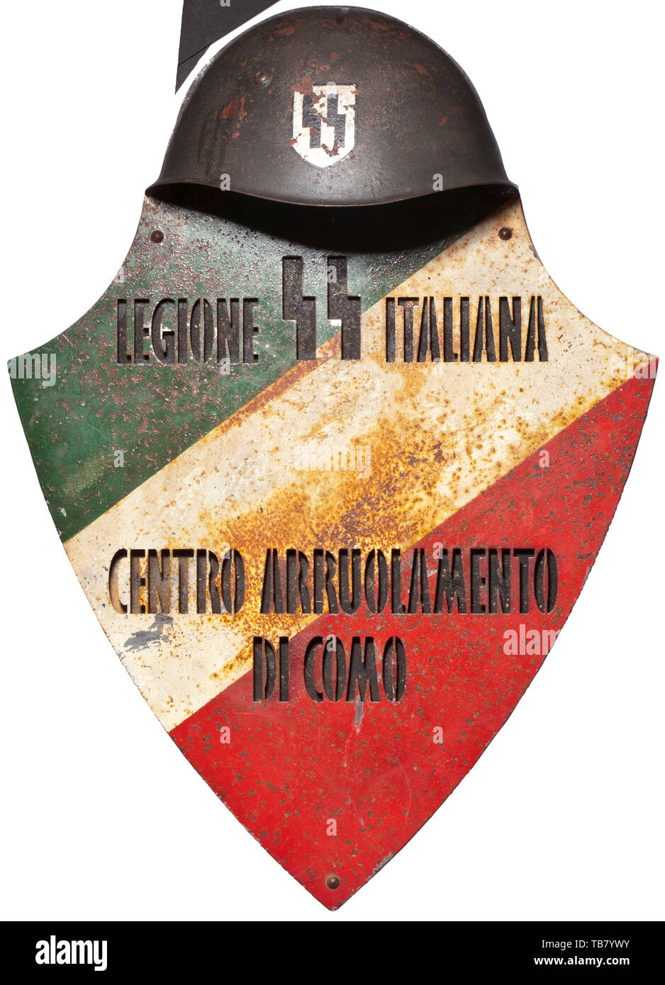 A barracks sign of the 29th Waffen Grenadier Division of the SS (1st Italian), Double-layered, riveted sheet iron, the inscriptions 'Legione SS Italiana' and 'Centro Arruolamento di Como' (Recruitment Centre Como) in openwork, the paintwork (rubbed) in the colours of the Italian tricolour. The upper edge in the shape of a steel helmet with a painted SS emblem, behind which a pin hole. Signs of age and use. Dimensions circa 69 x 49 cm. 20th century, 1930s, 1940s, Waffen-SS, armed division of the SS, armed service, armed services, NS, National Socialism, Nazism, Third Reich, , Editorial-Use-Only Stock Photo