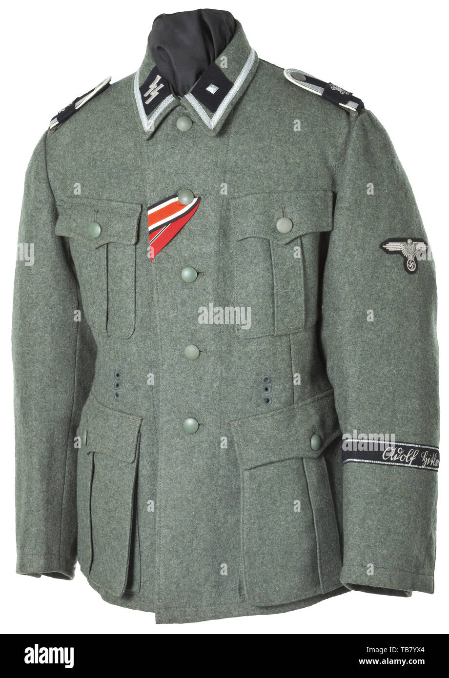 A field tunic M 40 for an Unterscharführer in the 'LAH', Field-grey cloth with five buttonholes, zinc buttons, brown inner lining with size and depot stamps, NCO braid on the collar, black collar patches with machine embroidered runes. The shoulder boards with black 'LAH' shoulder marks. The left sleeve bearing a machine sewn sleeve eagle and 'Adolf Hitler' cuff title (embroidered RZM version). Worn condition. 20th century, 1930s, 1940s, Waffen-SS, armed division of the SS, armed service, armed services, NS, National Socialism, Nazism, Third Reich, German Reich, Germany, mi, Editorial-Use-Only Stock Photo