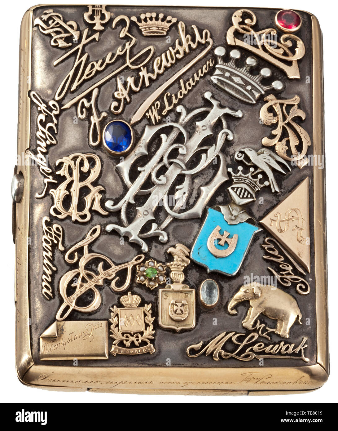 A Russian silver cigarette case with riveted and partly enamelled gold and  silver appliqués, circa 1910, Numerous applied and engraved Russian and  Polish names, monograms, coats of arms as well as old-cut