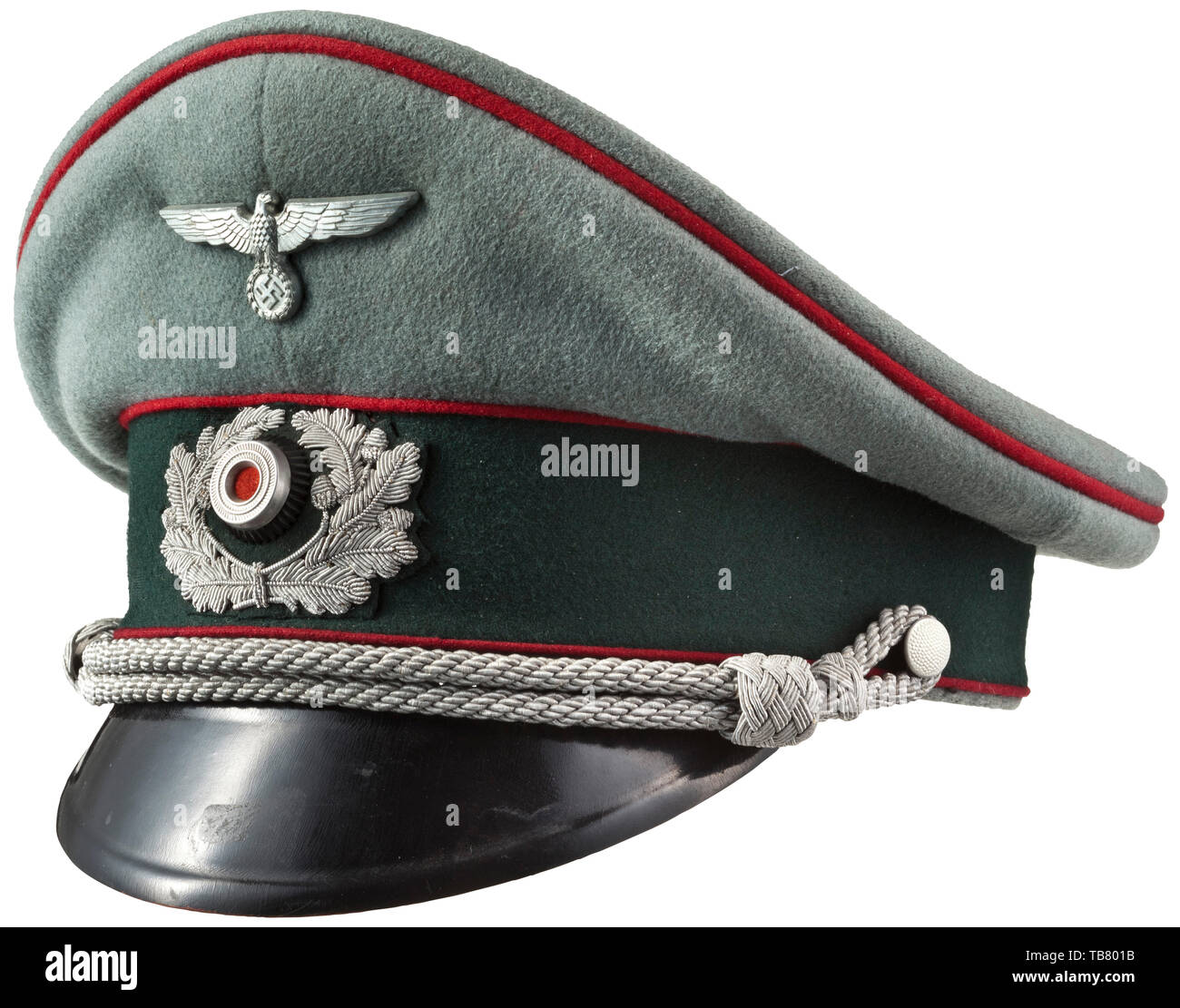 A visor cap for army judges, Made of fine field-grey cloth with dark green trim and burgundy piping. Golden-yellow silk lining, the cap trapezoid with the manufacturer 'Ostland Extra-Klasse', light brown leather sweatband, the visor slightly loose. Aluminium eagle, hand-embroidered oak leaf wreath with aluminium cockade, officer's cord. Extremely rare service colour, in almost unworn condition. historic, historical 20th century, Editorial-Use-Only Stock Photo