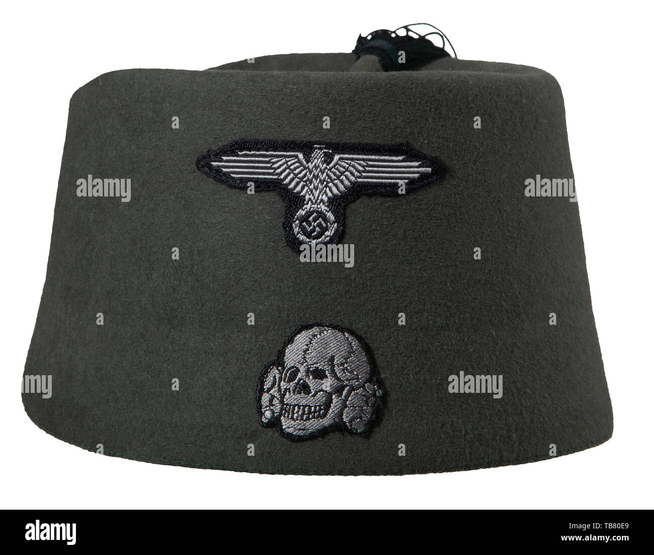 THE JOHN PEPERA COLLECTION, A Fez of the Waffen SS, Green-grey wool body with dark green tassel still tacked in rear, machine applied BeVo insignia, black leather sweatband and black ink stamped size '57'., Editorial-Use-Only Stock Photo