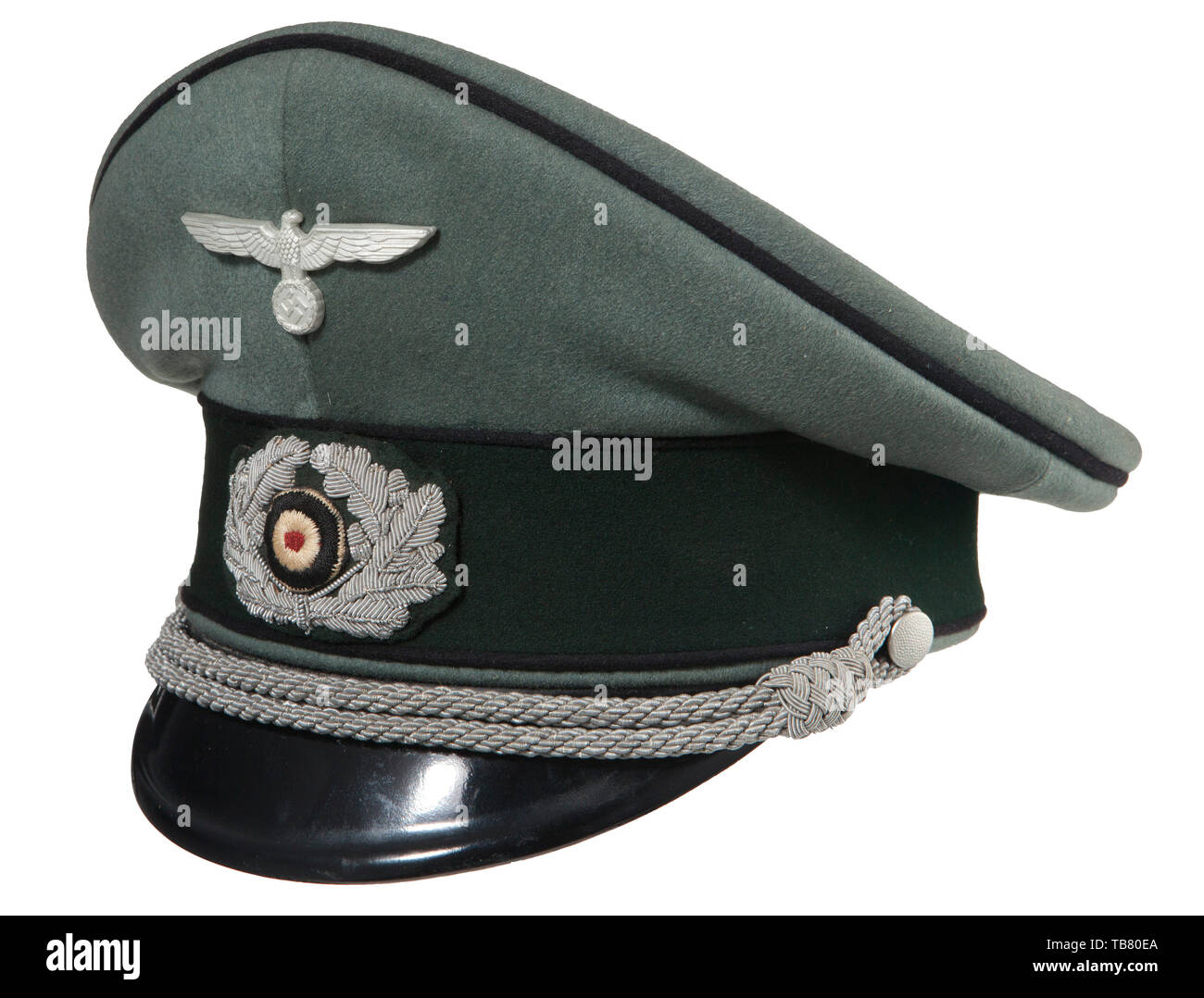 THE JOHN PEPERA COLLECTION, A Visor Hat for Officers of the Army, Pioneers, Field grey doe skin wool, dark green wool centre band, black wool piping, aluminium eagle, applied silver wire wreath with woven cockade, aluminium chin cords retained with pebbled side buttons, black lacquered visor, heavily damaged leather sweatband, grey silk interior lining, intact moisture shield with imprinted manufacturer's logo with GI written note of capture 'Kaptain Wilhelm Von ...., Rhineland 1945'., Editorial-Use-Only Stock Photo