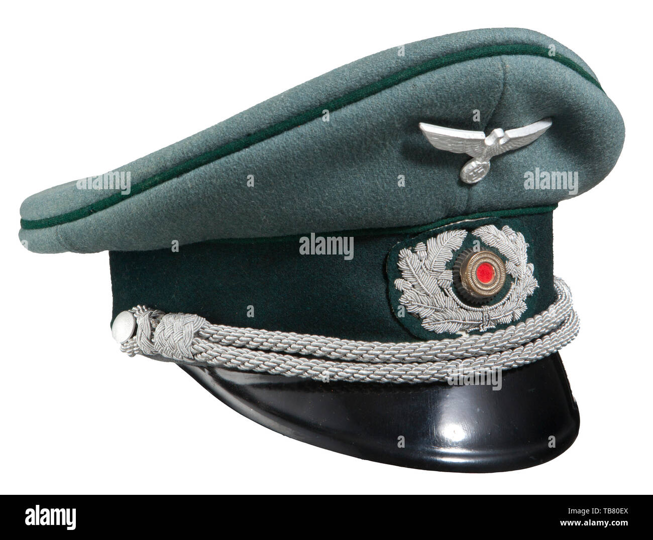 THE JOHN PEPERA COLLECTION, A Visor Hat for Officers of the Army, Administrative, Field grey doe skin wool, dark green wool centre band, green wool piping, aluminium eagle and cockade with applied silver wire wreath, aluminium chin cords retained with pebbled side buttons, black lacquered visor, service worn loose grey leather sweatband, grey silk interior lining, intact moisture shield with imprinted manufacturer's logo., Editorial-Use-Only Stock Photo