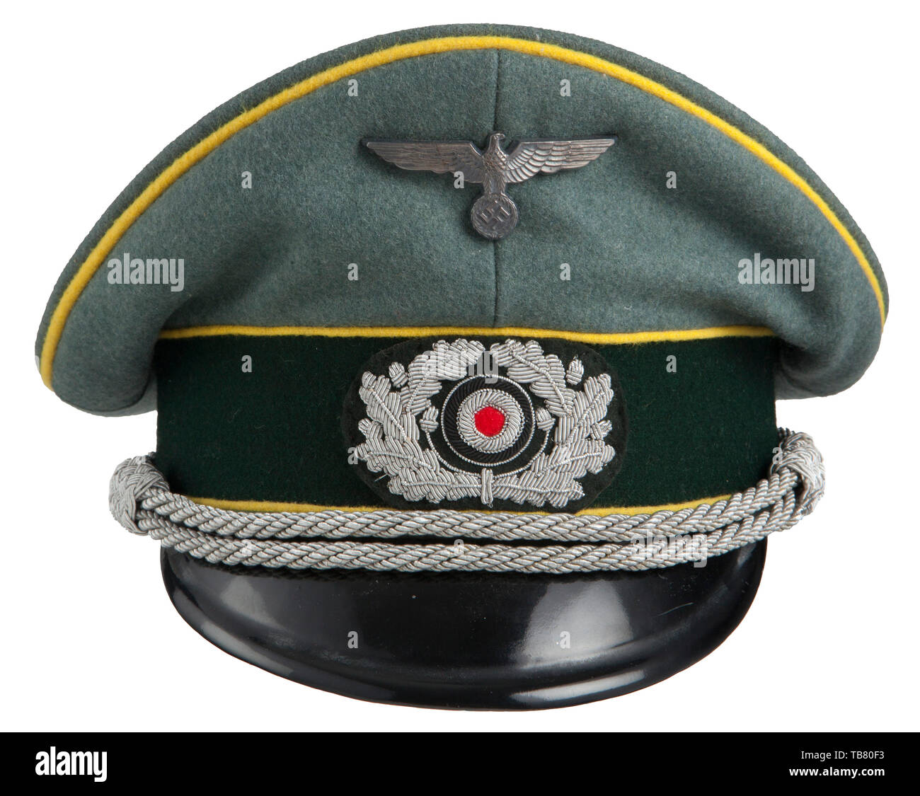 THE JOHN PEPERA COLLECTION, A Visor Hat copy for Officers of the Army, Signal, Field grey doe skin wool, dark green wool centre band, lemon yellow wool piping, silvered eagle, applied silver wire wreath and cockade, aluminium chin cords retained with pebbled side buttons, black lacquered visor, tan leather sweatband, tan silk interior lining with printed manufacturer's logo, missing moisture shield., Editorial-Use-Only Stock Photo