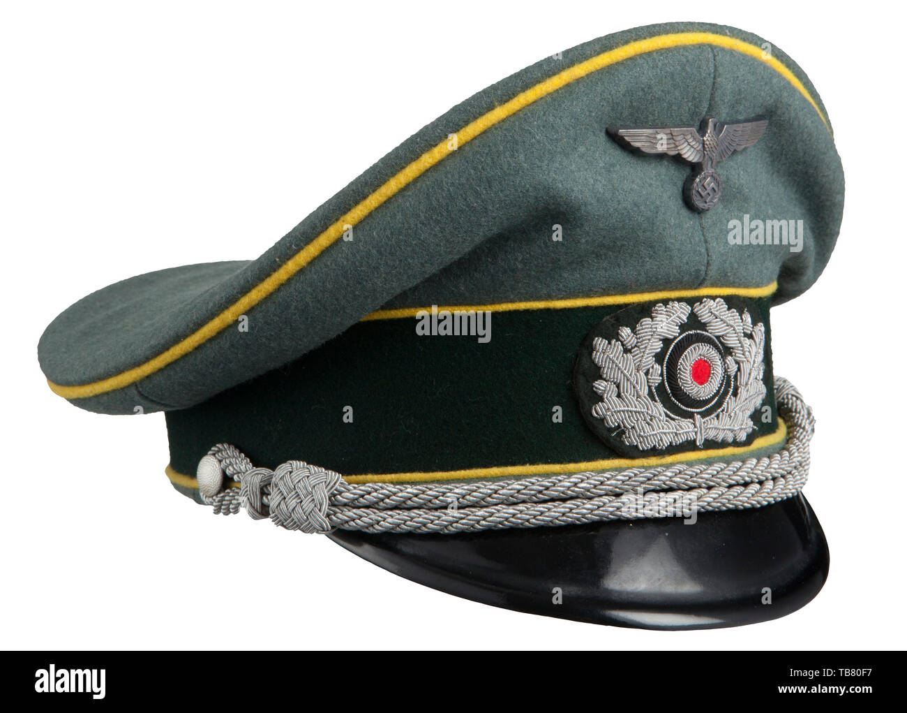 THE JOHN PEPERA COLLECTION, A Visor Hat copy for Officers of the Army, Signal, Field grey doe skin wool, dark green wool centre band, lemon yellow wool piping, silvered eagle, applied silver wire wreath and cockade, aluminium chin cords retained with pebbled side buttons, black lacquered visor, tan leather sweatband, tan silk interior lining with printed manufacturer's logo, missing moisture shield., Editorial-Use-Only Stock Photo