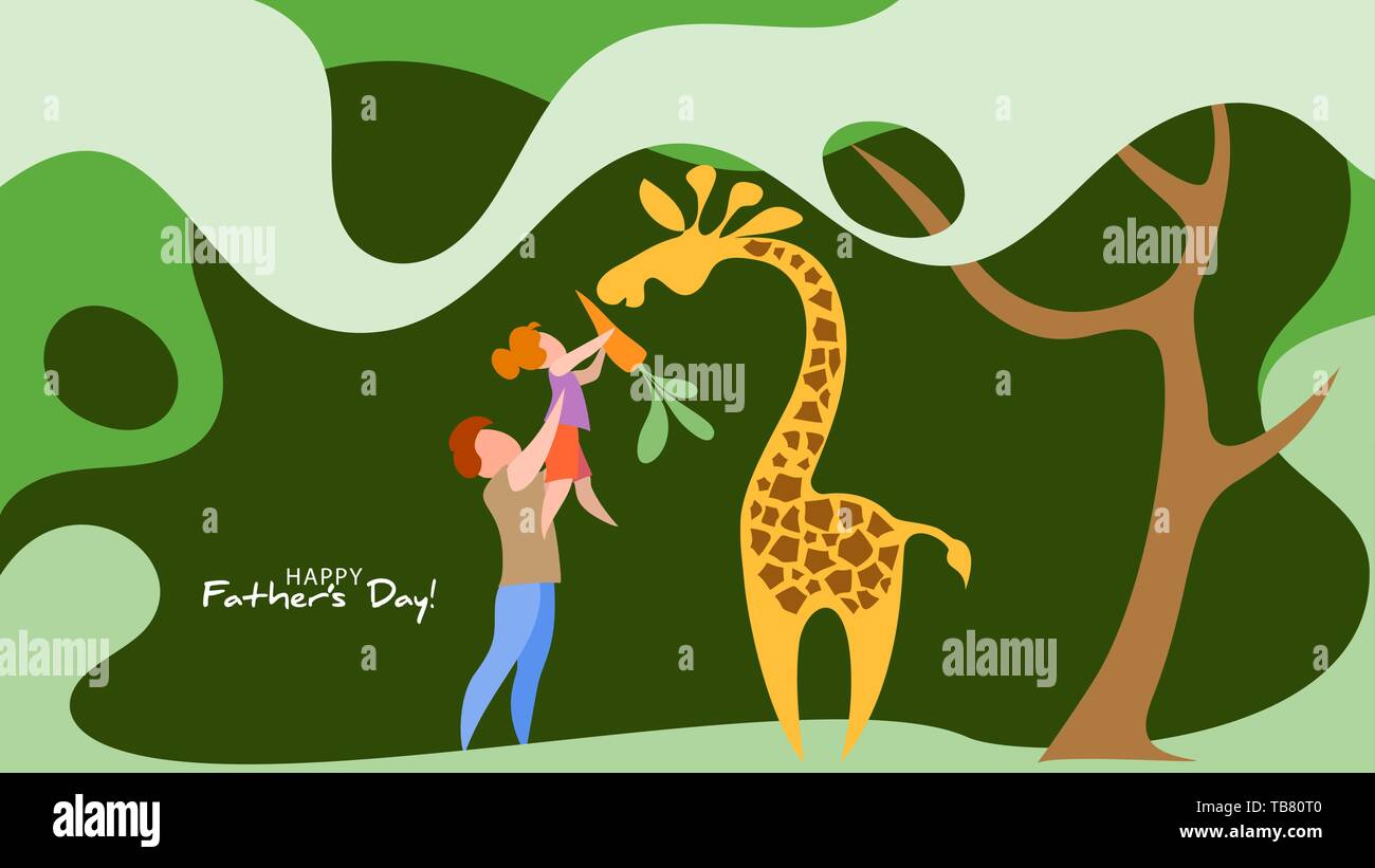 Father lifting up his daughter to feed giraffe. Happy fathers day card. Flat style. Vector illustration Stock Vector