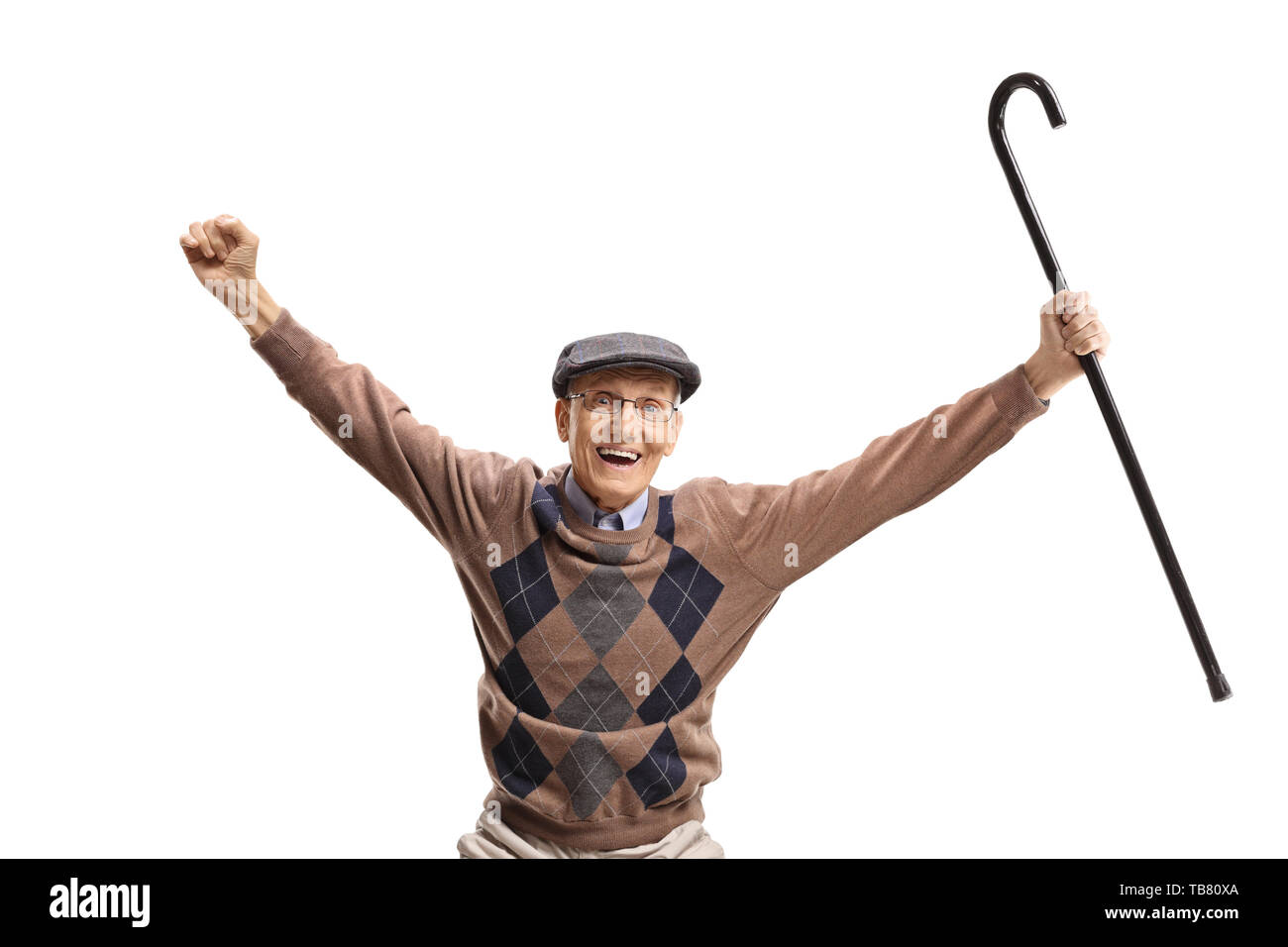 Excited senior man with a cane isolated on white background Stock Photo ...