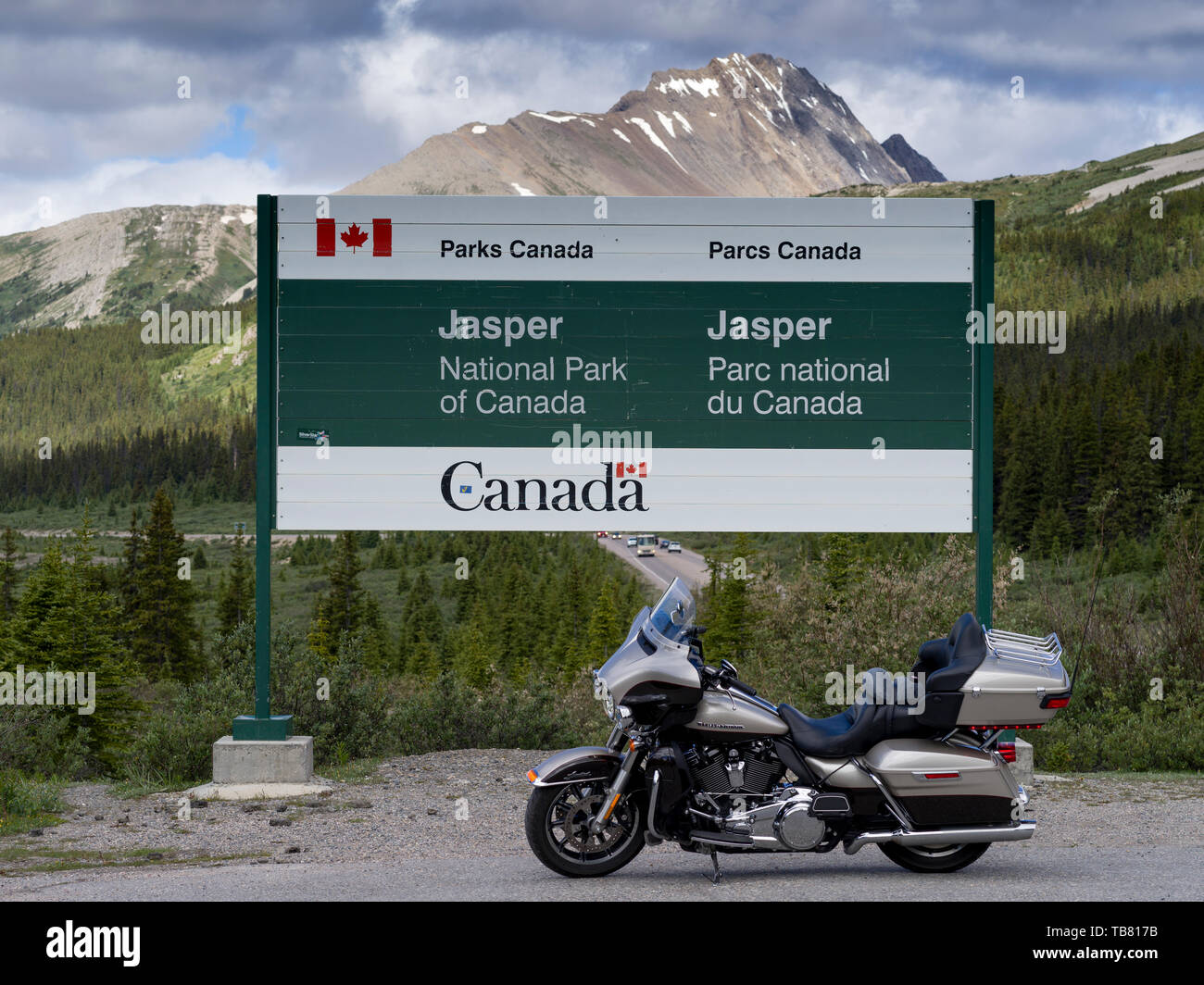 Motorcycle parked near signboard, Icefields Parkway, Banff National Park,  Jasper, Alberta, Canada Stock Photo - Alamy